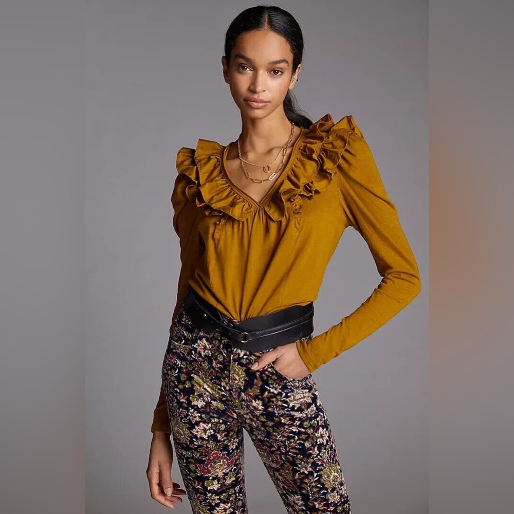 NWT, Size Small Petite, Anthropologie Ruffled V-Neck Top